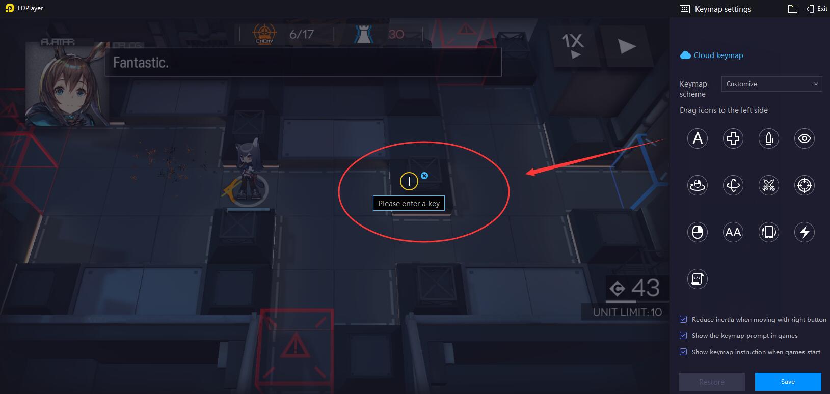 Редактор управления LDPlayer: назначение клавиши на действие в игре